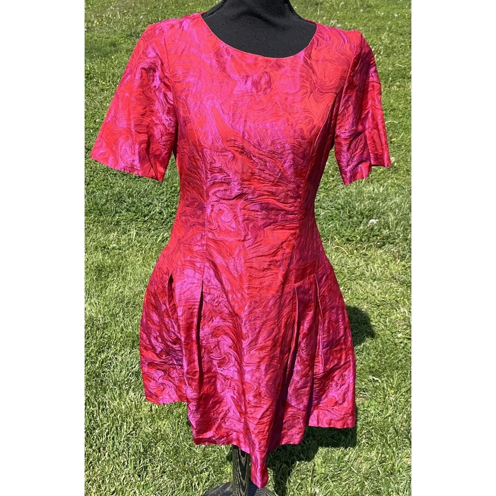 Bigio Collection Dress Womens 4 Red Fuchsia Metallic Jacquard Fit & Flare Short - Picture 2 of 16